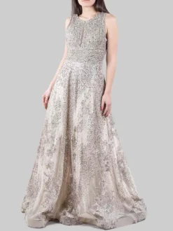 ABITO LUNGO ORO DECORATO CON PERLINE, STRASS E RICAMI IN TESSUTO