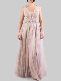 ABITO LUNGO ROSA DECORATO CON RICAMI E STRASS