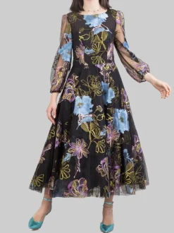 ABITO MIDI A FANTASIA SU FONDO NERO CON FIORI RICAMATI E PAILLETTES