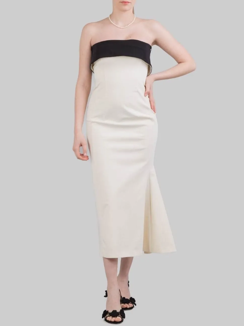 ABITO MIDI BUSTIER IN COTONE AVORIO CON RISVOLTO A CONTRASTO