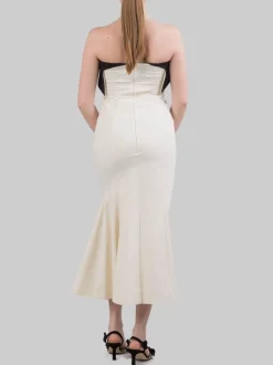 ABITO MIDI BUSTIER IN COTONE AVORIO CON RISVOLTO A CONTRASTO