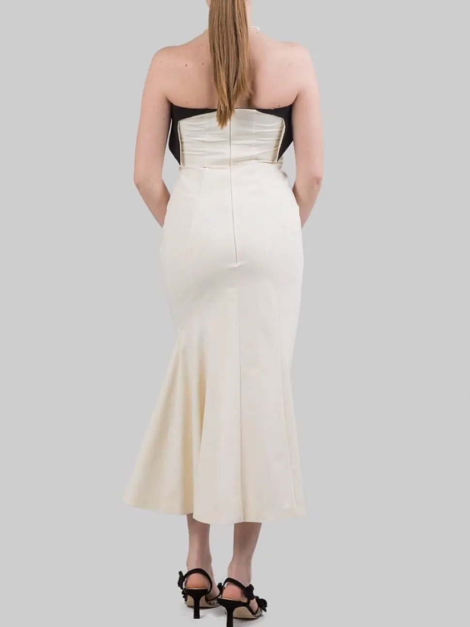 ABITO MIDI BUSTIER IN COTONE AVORIO CON RISVOLTO A CONTRASTO