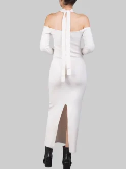 ABITO MIDI IN MAGLIA PANNA CON SCOLLATURA A SPALLE SCOPERTE