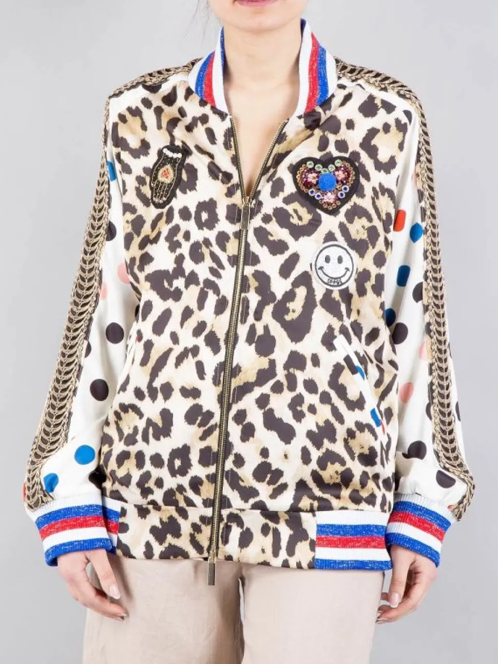 BOMBER OVERSIZE ANIMALIER CON PATCH E PASSAMANERIE