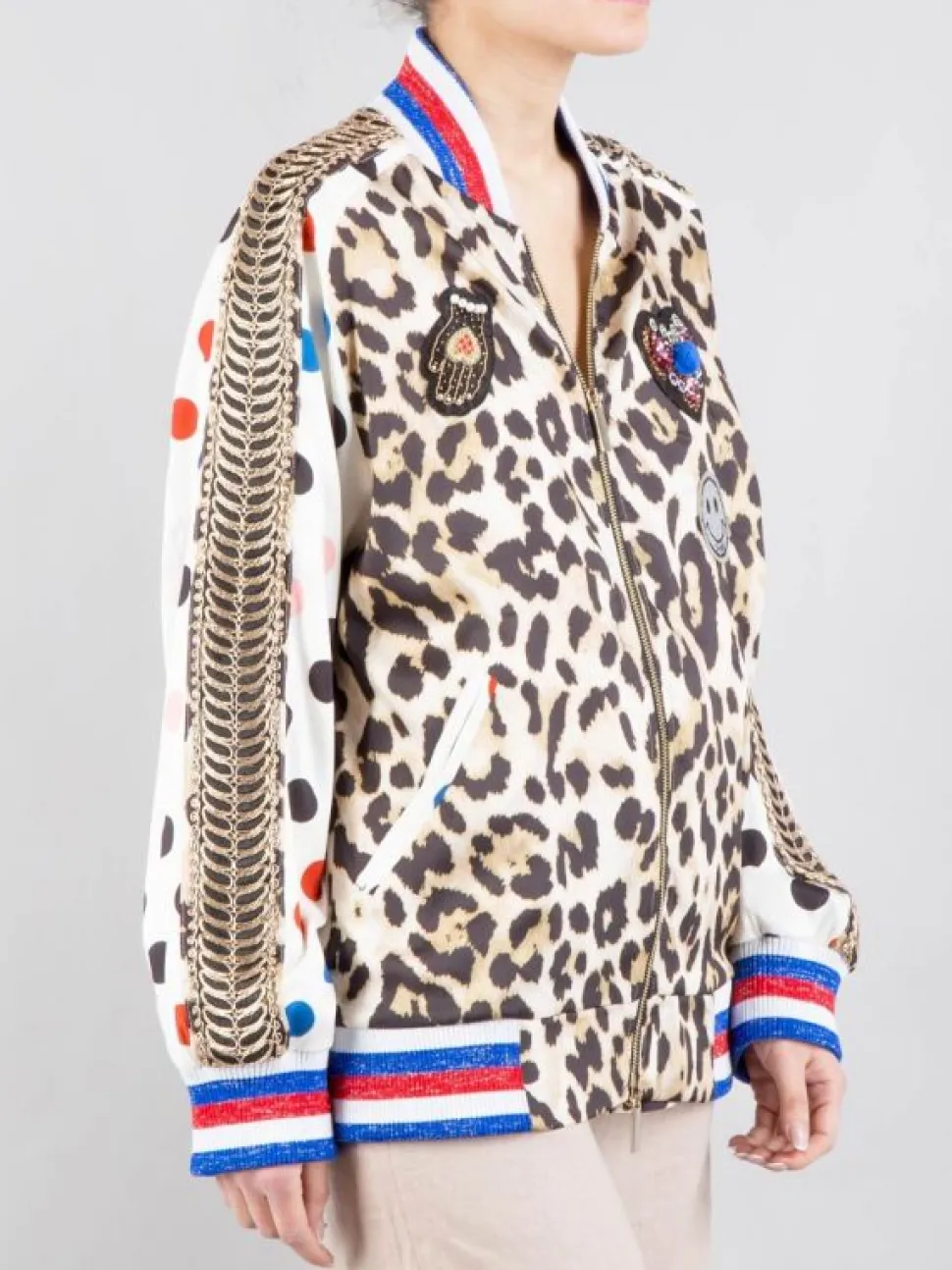 BOMBER OVERSIZE ANIMALIER CON PATCH E PASSAMANERIE