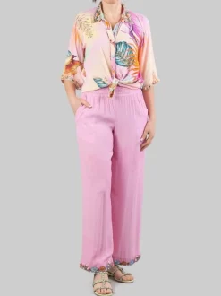 CAMICIA A FANTASIA IN MISTO SETA DECORATA CON PERLINE, STRASS E CRISTALLI COLORATI