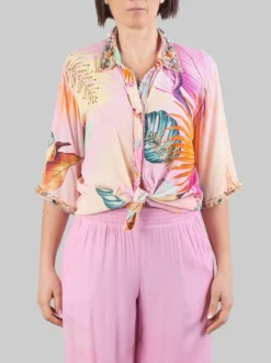 CAMICIA A FANTASIA IN MISTO SETA DECORATA CON PERLINE, STRASS E CRISTALLI COLORATI