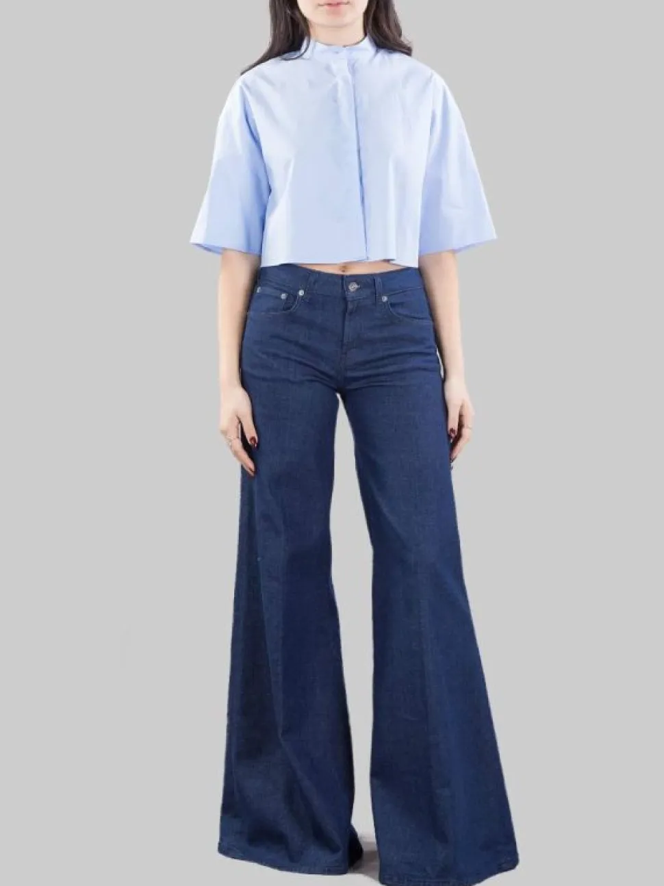 CAMICIA CORTA CELESTE CON COLLETTO ALLA COREANA MODELLO BOXY