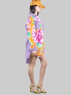 CAMICIA OVERSIZE A FANTASIA RIGHE E FIORI