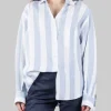 CAMICIA OVERSIZE IN LINO A RIGHE BIANCA E CELESTE