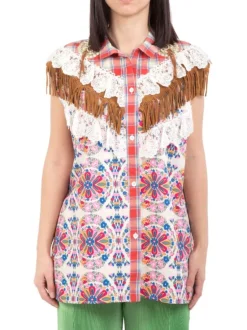 CAMICIA SENZA MANICHE A FANTASIA CON PIZZO E FRANGE