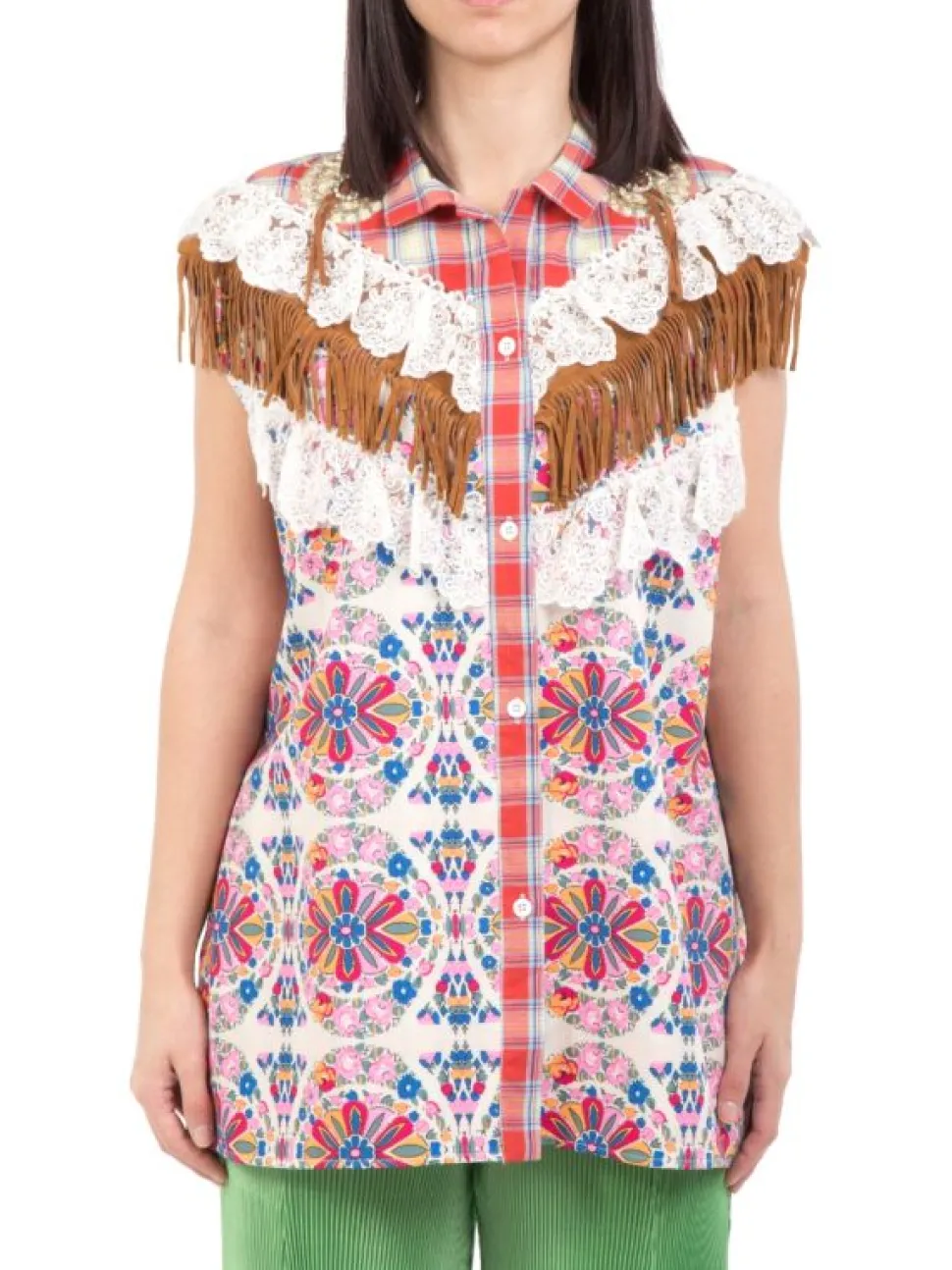 CAMICIA SENZA MANICHE A FANTASIA CON PIZZO E FRANGE