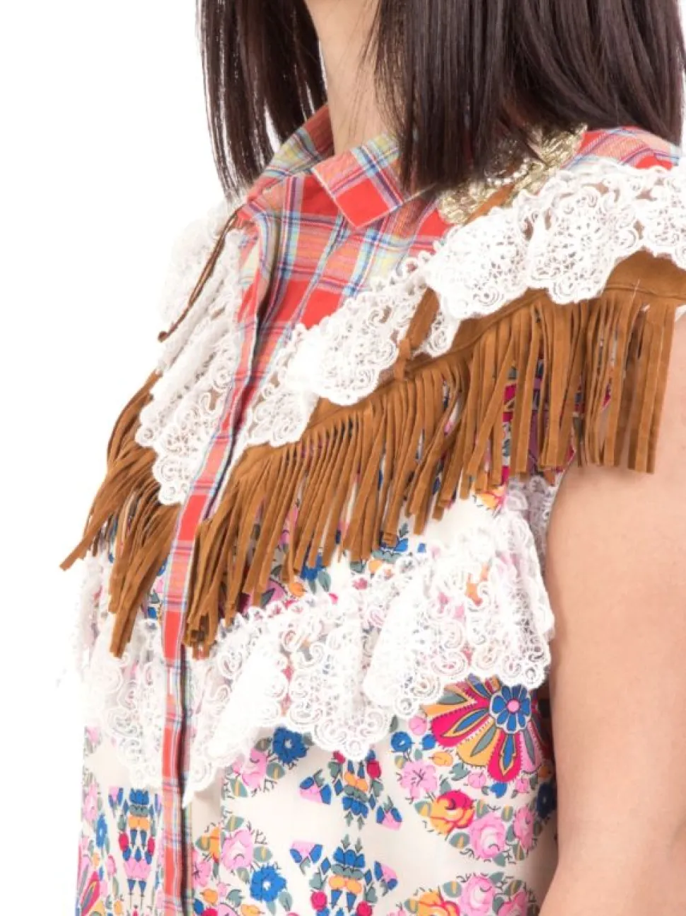 CAMICIA SENZA MANICHE A FANTASIA CON PIZZO E FRANGE