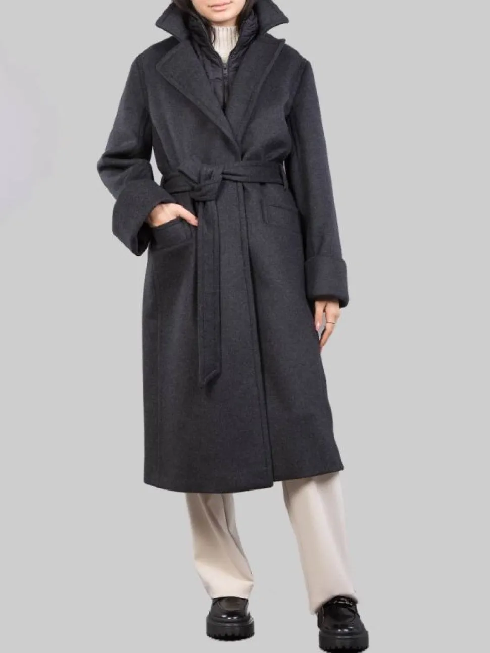 CAPPOTTO A VESTAGLIA GRIGIO ANTRACITE CON GILET IMBOTTITO