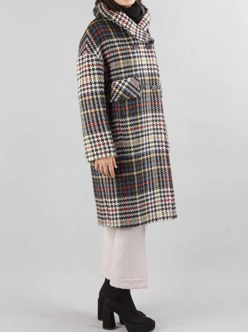 CAPPOTTO DOPPIOPETTO OVER A FANTASIA MULTICOLORE CON CAPPUCCIO