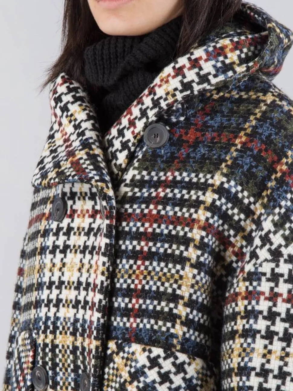 CAPPOTTO DOPPIOPETTO OVER A FANTASIA MULTICOLORE CON CAPPUCCIO