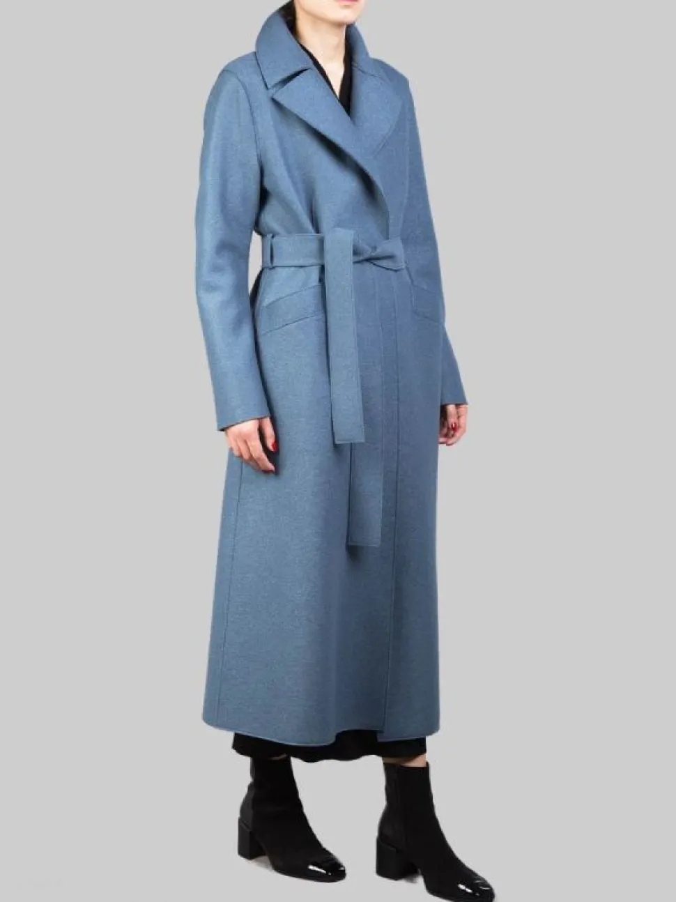 CAPPOTTO LUNGO BLU PETROLIO "A VESTAGLIA" IN LANA VERGINE PRESSATA CON CINTURA
