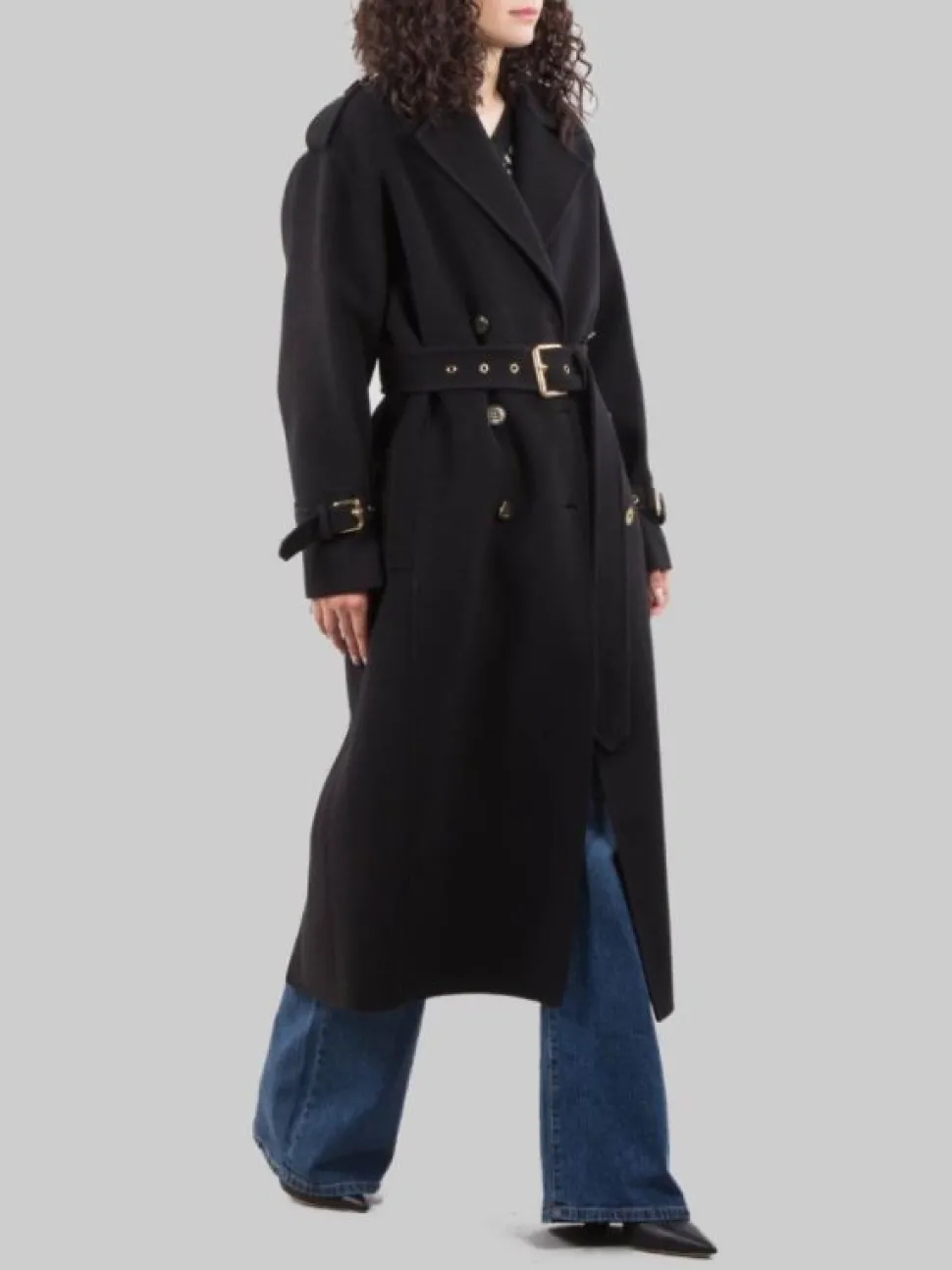 CAPPOTTO LUNGO TESTO IN PANNO DI LANA NERO CON CINTURA IN VITA