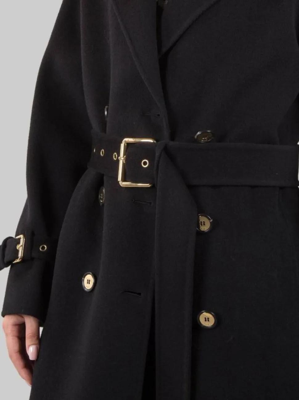 CAPPOTTO LUNGO TESTO IN PANNO DI LANA NERO CON CINTURA IN VITA