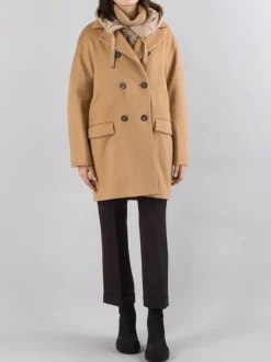 CAPPOTTO OVERSIZE IN PANNO CAMMELLO CON IMBOTTITURA PARZIALE E CAPPUCCIO