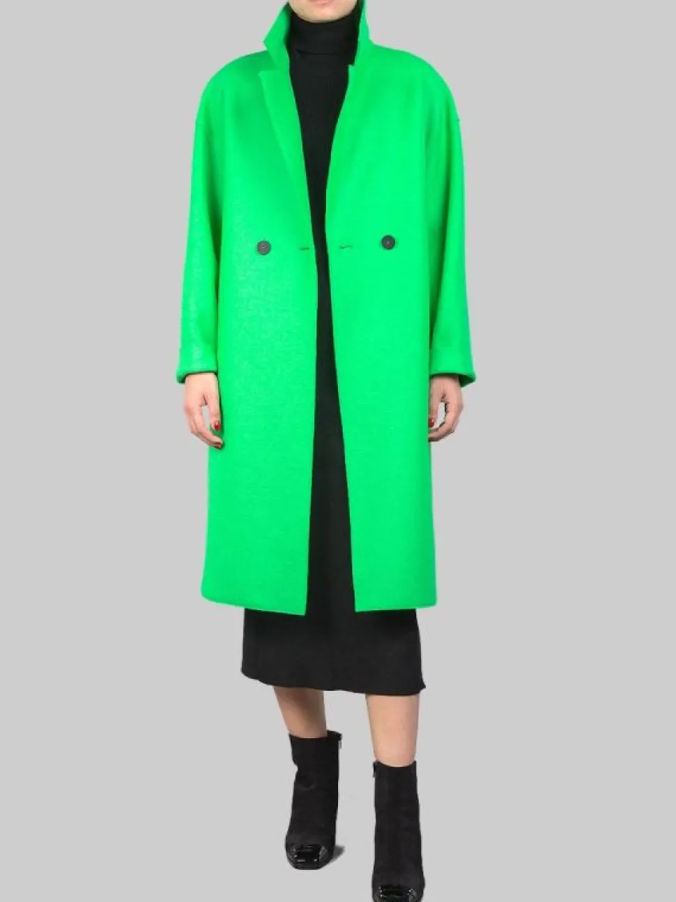 CAPPOTTO OVERSIZE VERDE ACCESO DOPPIOPETTO IN LANA VERGINE PRESSATA