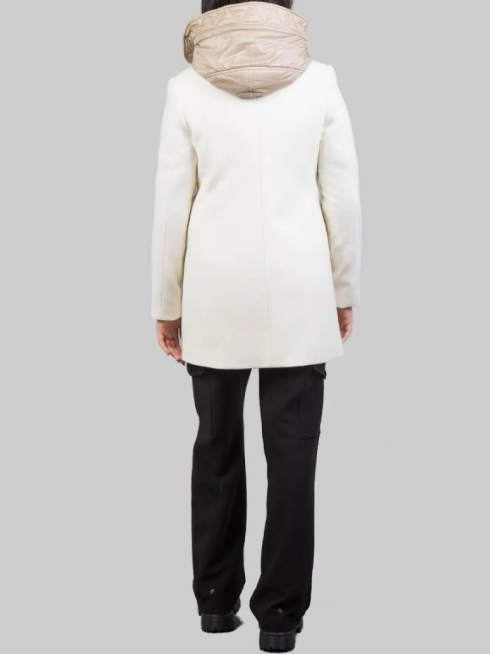 CAPPOTTO TOGGLE IN LANA E TESSUTO TECNICO BIANCO PANNA CON CAPPUCCIO