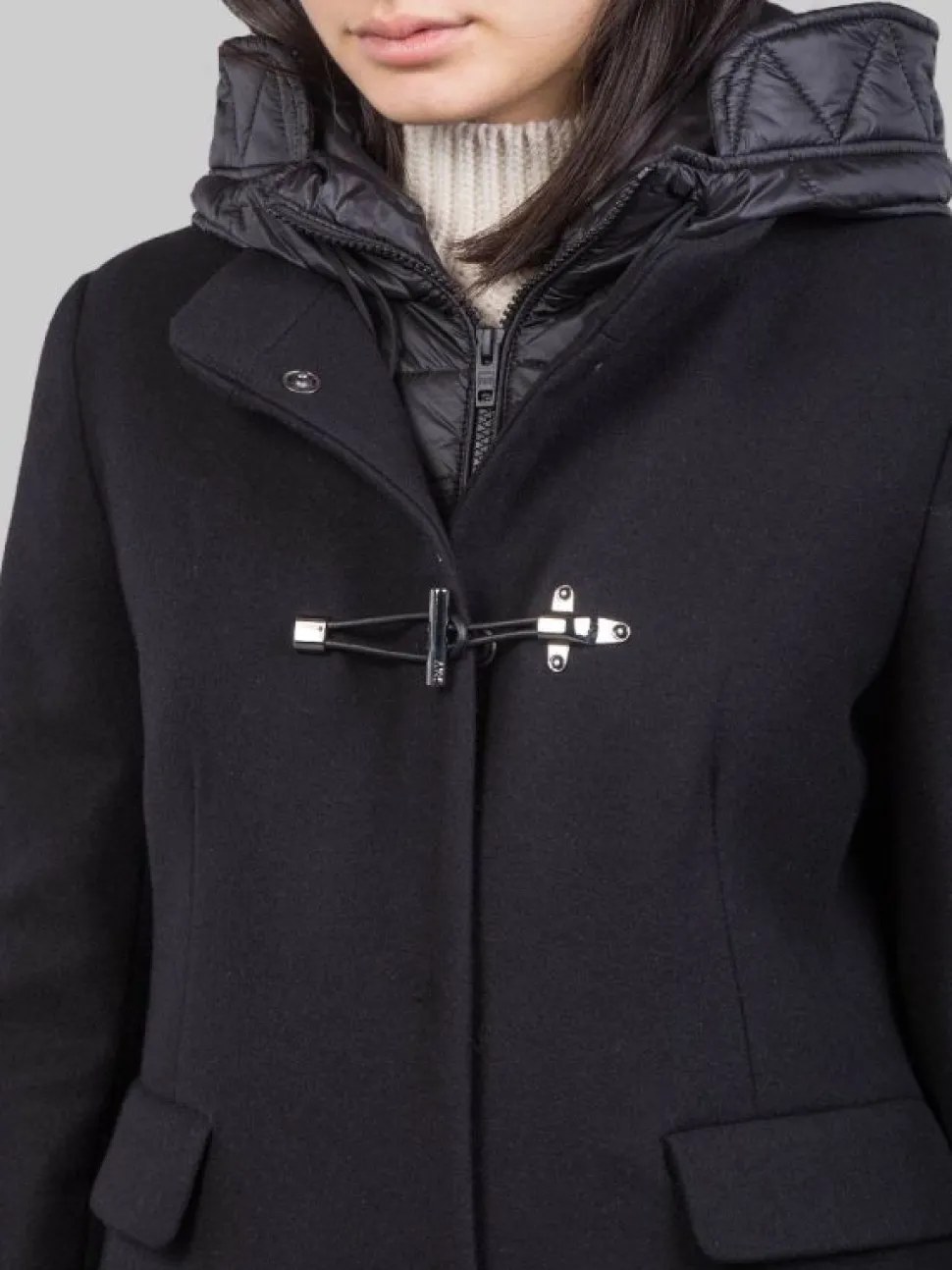 CAPPOTTO TOGGLE IN LANA E TESSUTO TECNICO NERO CON CAPPUCCIO