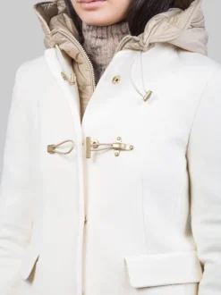 CAPPOTTO TOGGLE IN LANA E TESSUTO TECNICO BIANCO PANNA CON CAPPUCCIO