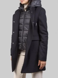 CAPPOTTO TOGGLE IN LANA E TESSUTO TECNICO NERO CON CAPPUCCIO