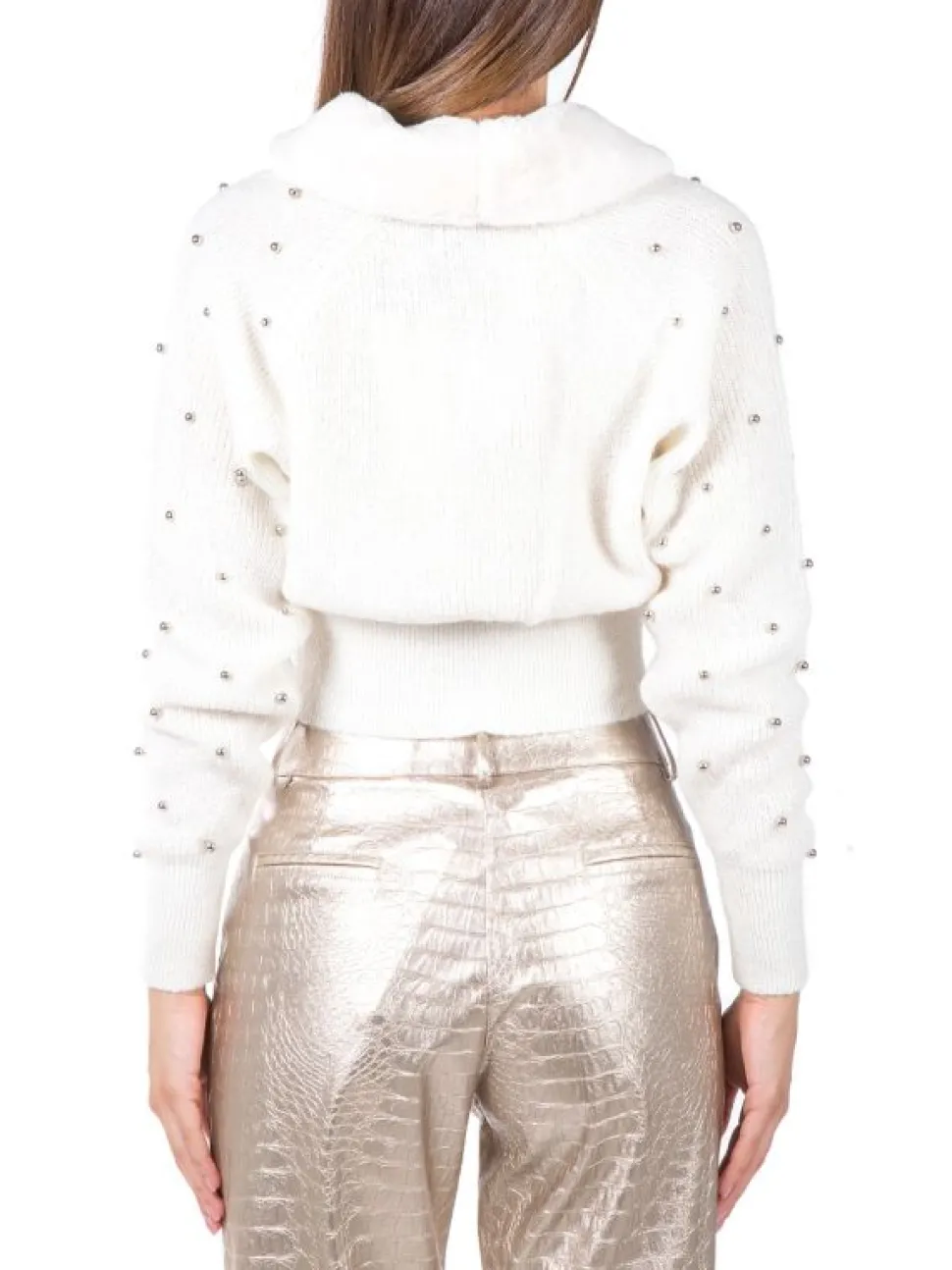 CARDIGAN BIANCO BURRO CORTO MIZZY CON ECOPELLICCIA E PICCOLE SFERE