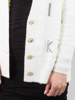 CARDIGAN DAINO IN MORBIDO TESSUTO EFFETTO SPUGNA CON PIETRE E STRASS APPLICATI