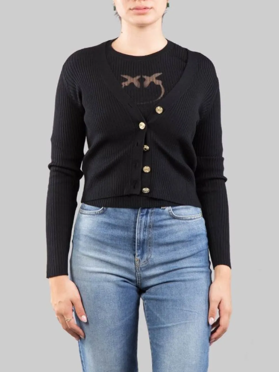 CARDIGAN NERO IN LANA A COSTINE CON LOGO "LOVE BIRDS" IN TRASPARENZA