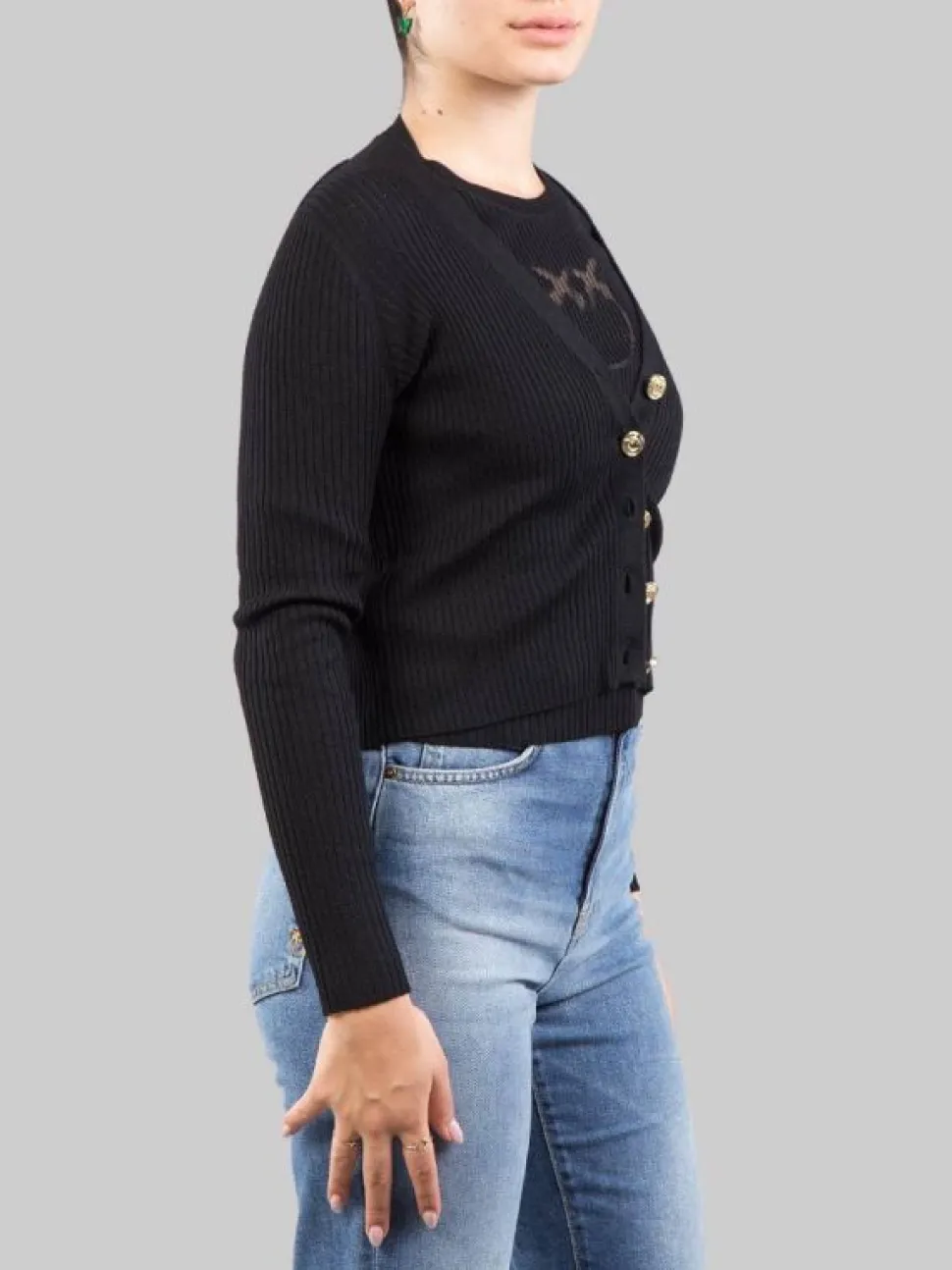 CARDIGAN NERO IN LANA A COSTINE CON LOGO "LOVE BIRDS" IN TRASPARENZA