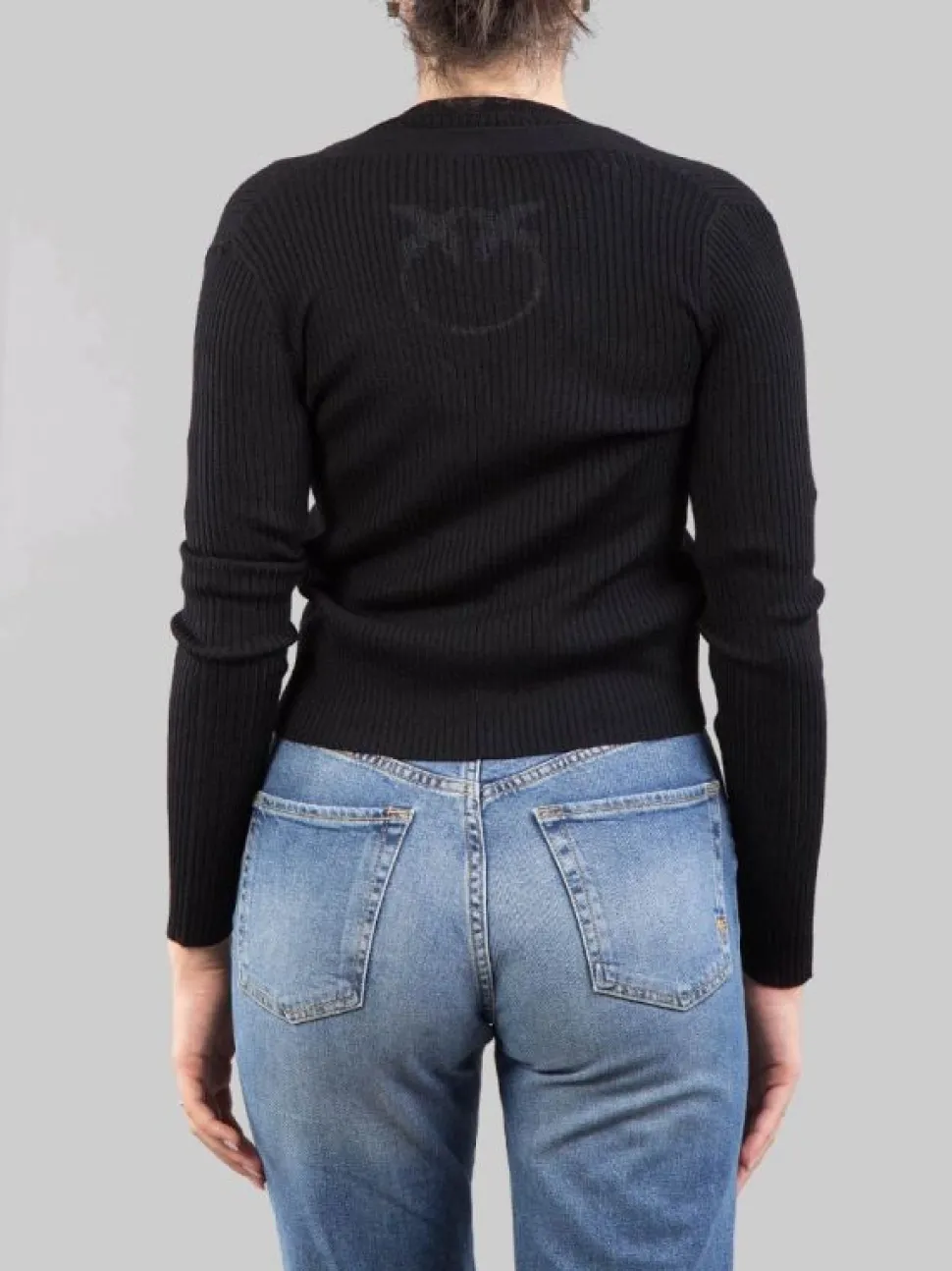 CARDIGAN NERO IN LANA A COSTINE CON LOGO "LOVE BIRDS" IN TRASPARENZA