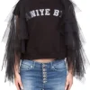 FELPA GIROCOLLO NERA IN COTONE CON MANICHE DECORATE IN TULLE