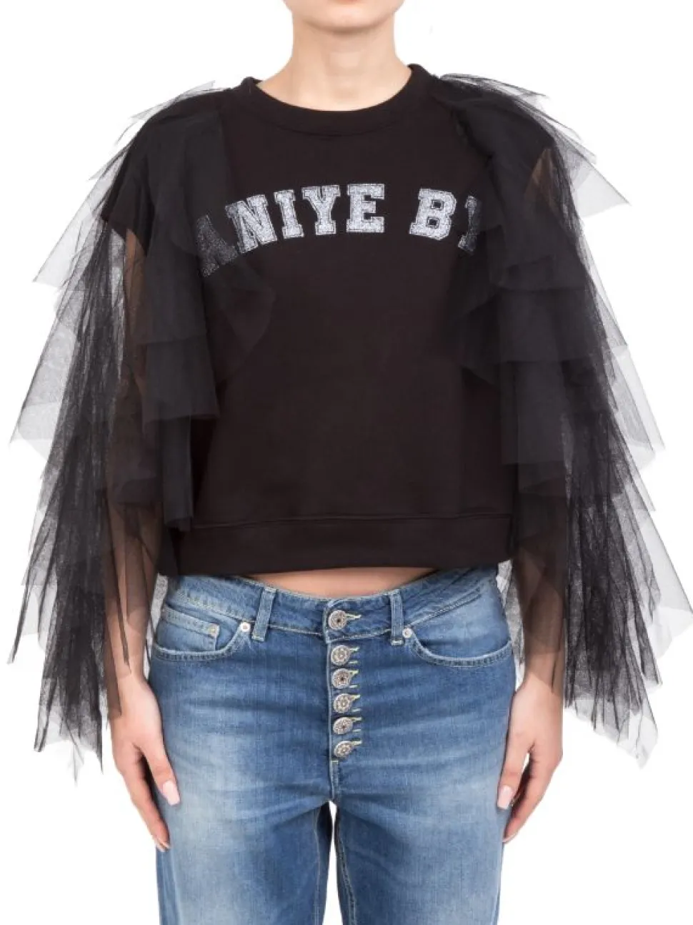 FELPA GIROCOLLO NERA IN COTONE CON MANICHE DECORATE IN TULLE