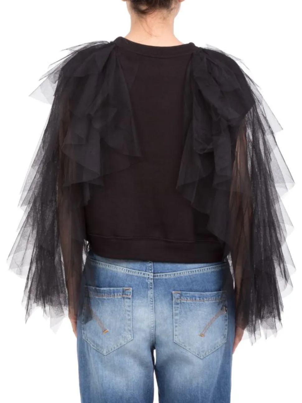FELPA GIROCOLLO NERA IN COTONE CON MANICHE DECORATE IN TULLE