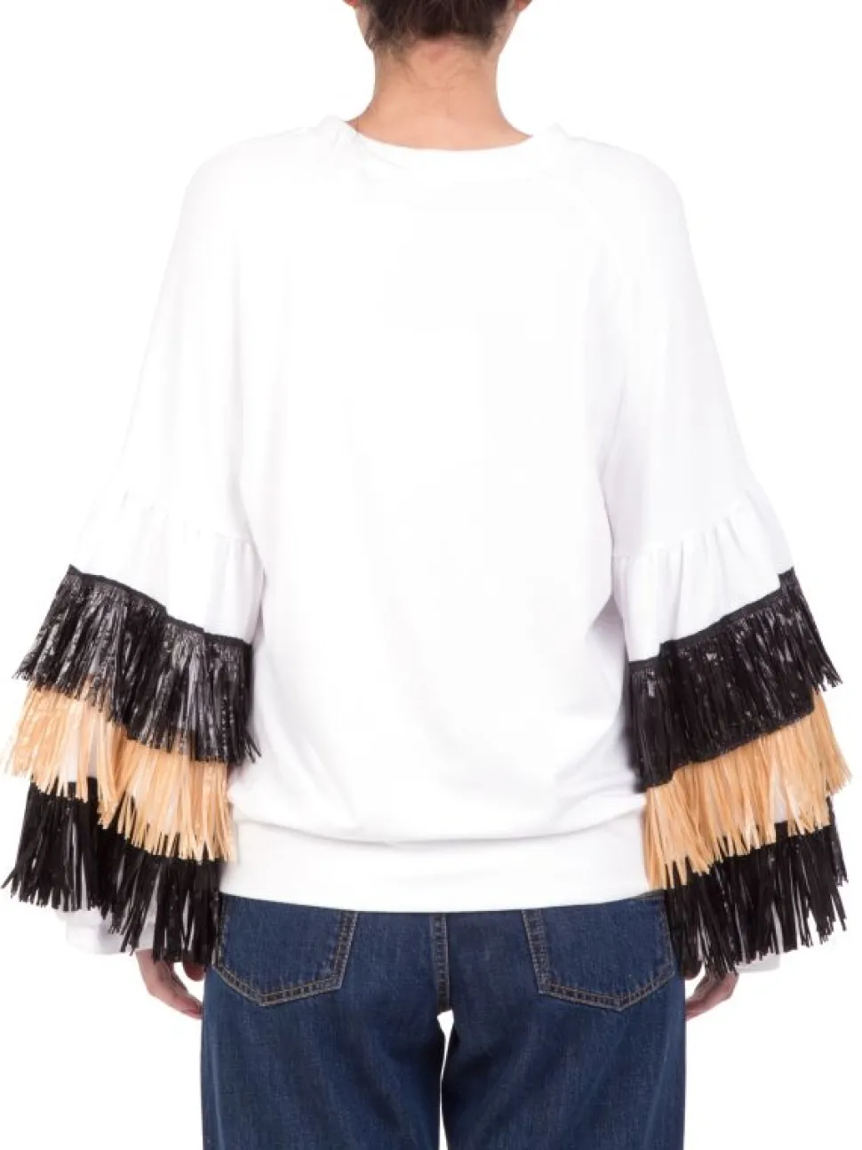 FELPA SWEATSHIRT RAFFIA IN COTONE GIROCOLLO CON FRANGE IN RAFFIA