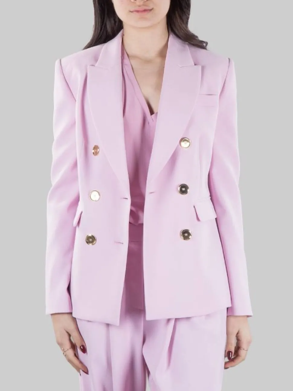 GIACCA GRANATO DOPPIOPETTO IN CREPE ELASTICIZZATO ROSA CON BOTTONI ORO