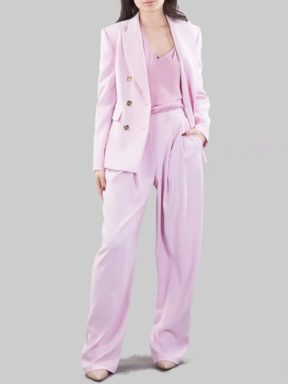 GIACCA GRANATO DOPPIOPETTO IN CREPE ELASTICIZZATO ROSA CON BOTTONI ORO
