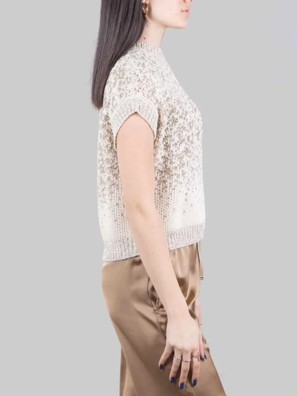 GILET GIROCOLLO BIANCO E BEIGE CON MICRO PAILLETTES RICAMATE