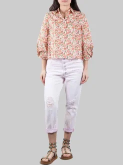 JEANS KOONS ROSA IN COTONE LAVATO CON ROTTURE E BOTTONI GIOIELLO