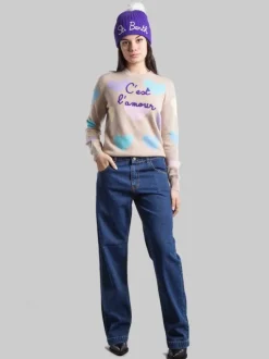 MAGLIA GIROCOLLO BEIGE CON GRAFICA "C'EST L'AMOUR" E CUORI