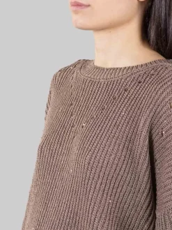 MAGLIA GIROCOLLO IN COTONE MARRONE CON MICRO PAILLETTES