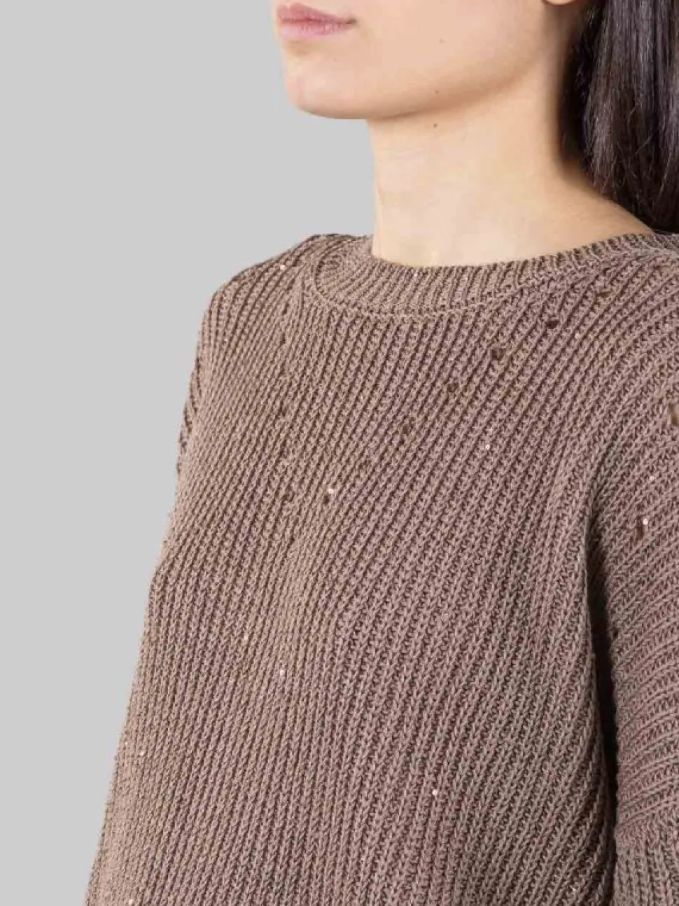 MAGLIA GIROCOLLO IN COTONE MARRONE CON MICRO PAILLETTES