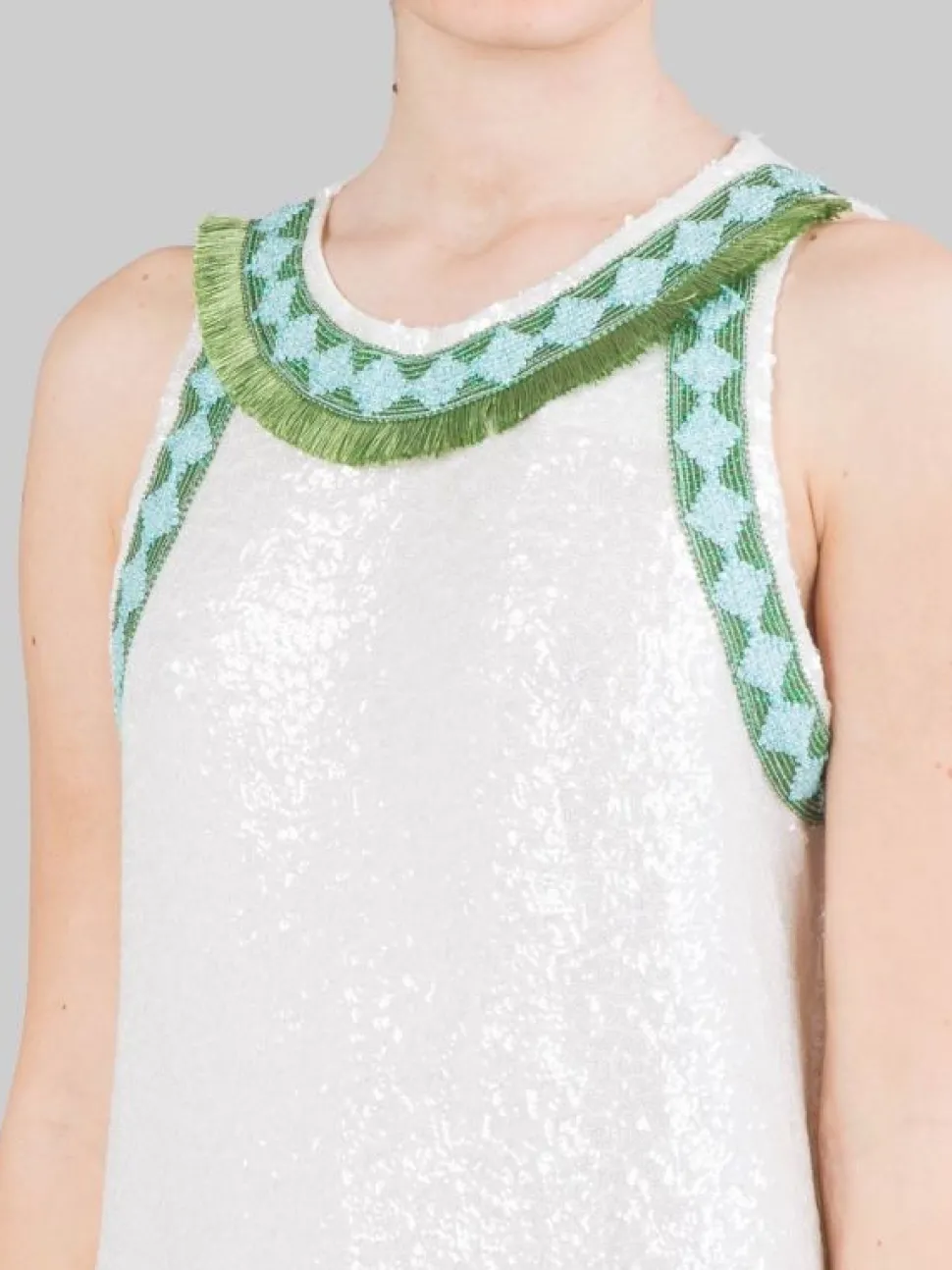 MINI ABITO BIANCO IN PAILLETTES CON PROFILI DECORATI