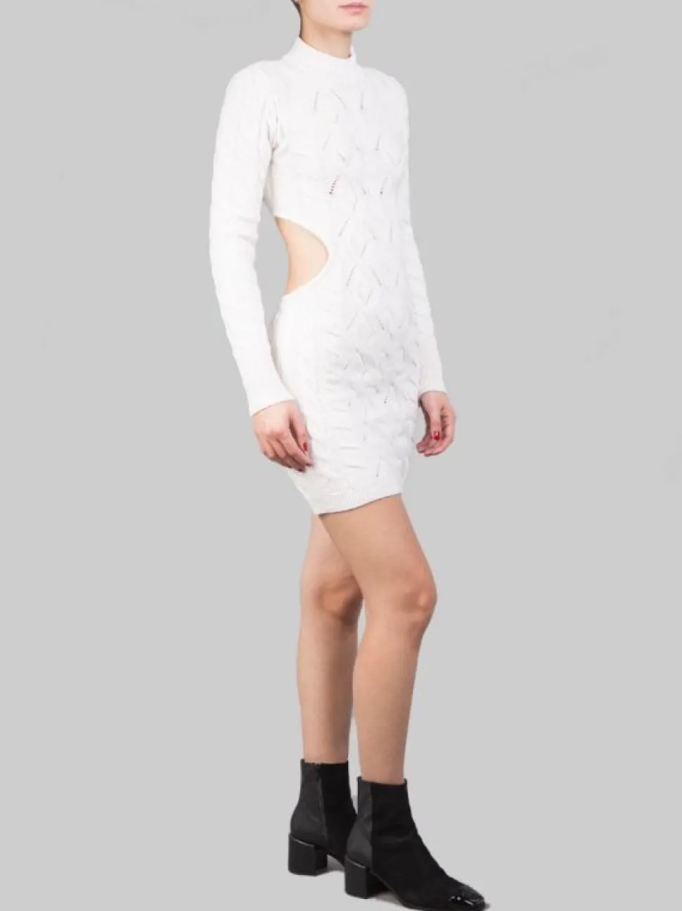 MINI ABITO BIANCO PANNA IN MAGLIA INTRECCIATA CON SCOLLATURA SULLA SCHIENA