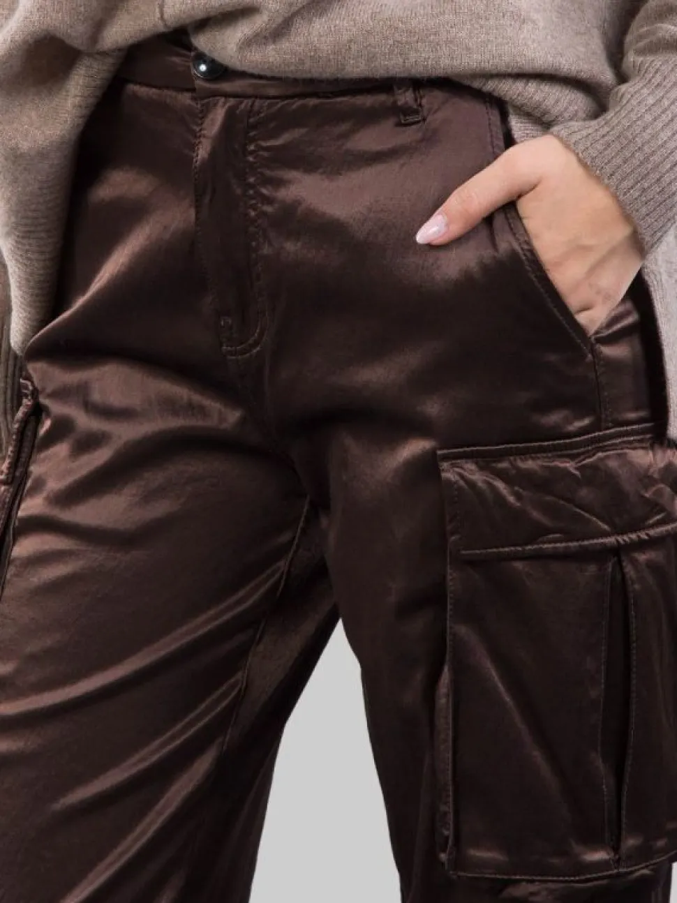 PANTALONI CARGO IN RASO ELASTICIZZATO MARRONE