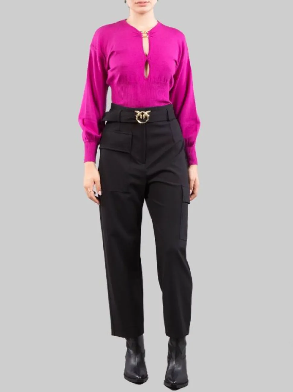 PANTALONI CARGO NERI IN TESSUTO ELASTICIZZATO CON CINTURA LOVE BIRDS