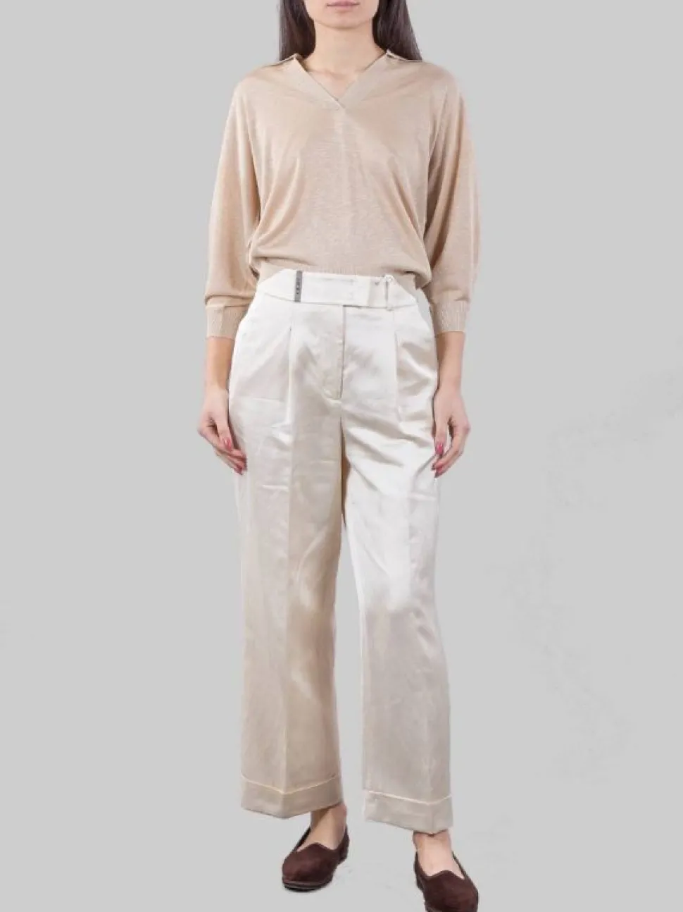 PANTALONI CROPPED IN MISTO LINO E VISCOSA CHAMPAGNE CON RISVOLTI